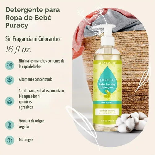 Vista 2 de Puracy - Detergente líquido natural para lavandería para bebés - Libre de 1,4 Dioxano, concentrado líquido de detergente sin fragancia y suave