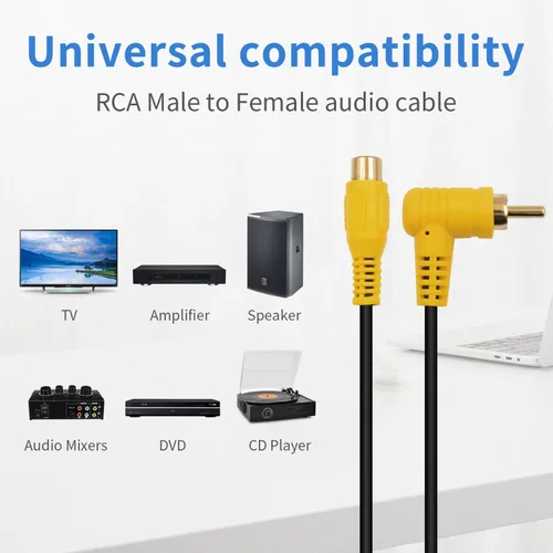 Vista 3 de Duttek Cable de extensión RCA de 90 grados, cable RCA de subwoofer chapado en oro de 24 quilates, cable de audio RCA macho a hembra, compatible