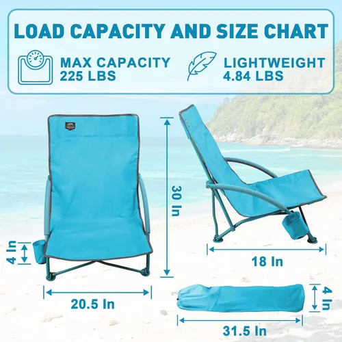 Vista 2 de Paquete de 2 sillas bajas de playa, sillas reclinables plegables para adultos, sillas de camping ligeras de asiento bajo con soporte para tazas, Azul