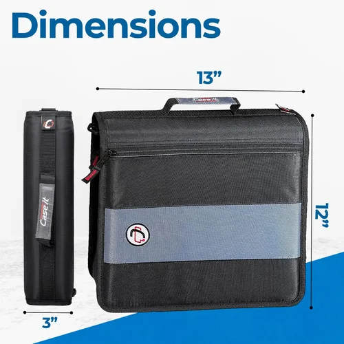 Vista 6 de Case-It - Clásica carpeta con cremallera, con argollas de 2 pulgadas, múltiples bolsillos, capacidad para 350 hojas, correa de hombro - Negro D-251