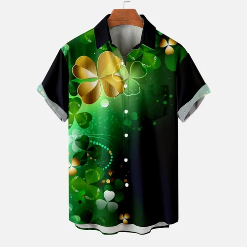 Vista 2 de Camisa de manga corta con botones para el día de San Patricio para hombre, estampado de trébol, camiseta de vacaciones, ajustada, casual, blusa