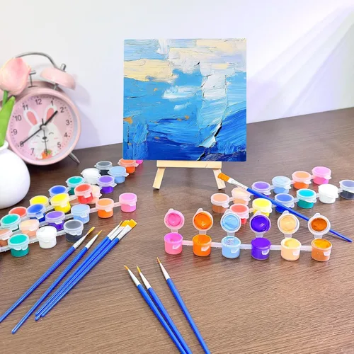 Vista 2 de Paquete de 25 mini pintura acrílica, 350 piezas de kit de pintura para niños, tiras de almacenamiento de tiras de 12 colores, tiras de pinturas