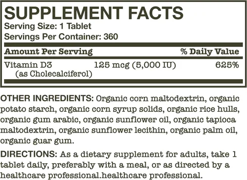 Vista 6 de Futurebiotics Vitamina D3 5,000 UI (125 MCG), Suplemento orgánico de vitamina D certificado por USDA, 360 tabletas