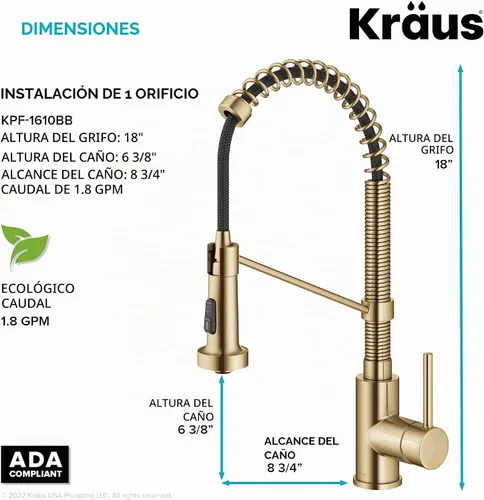 Vista 3 de KRAUS Bolden KPF-1610BB - Grifo de cocina extraíble de una sola manija de estilo comercial con 2 funciones en latón cepillado sin manchas, KPF-1610BB