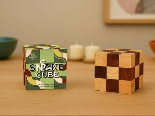 Vista 8 de BSIRI Juego clásico de rompecabezas de serpiente (tamaño M) – Rompecabezas 3D para adultos en mano con diseños de cubo de madera de magia
