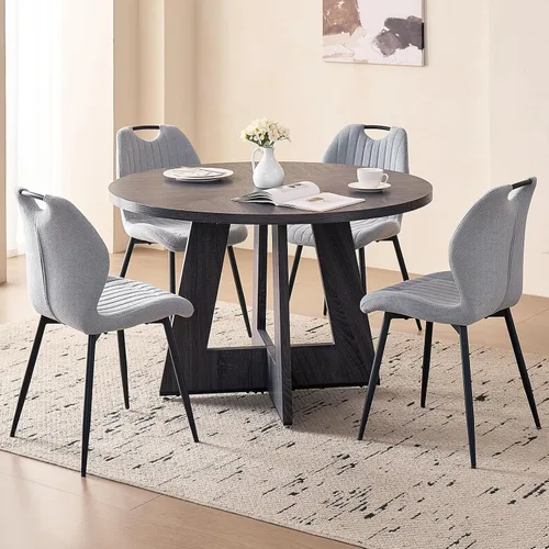 Vista 10 de Juego de mesa redonda de comedor de 47 pulgadas para 4, base en abanico, parte superior de 1.38 pulgadas de grosor, mesa de cocina de madera con 4