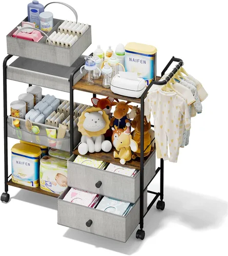 Vista 9 de BBLIKE Organizador de pañales con estante para colgar, carrito de almacenamiento de 3 niveles con cajones y bolsillos laterales para la organización