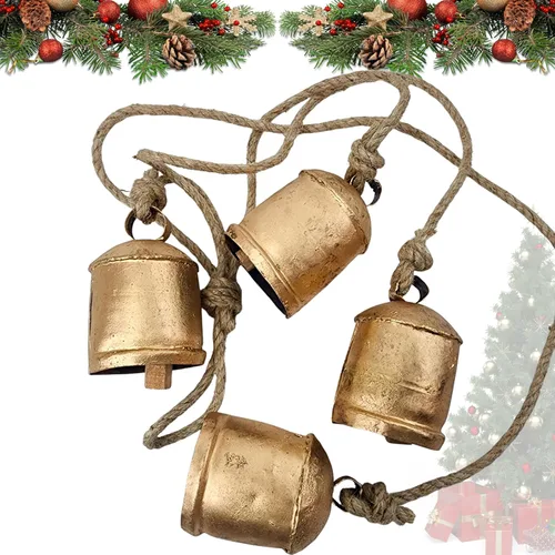 Vista 3 de BELLUXE - Campanas pequeñas de vaca rústicas de metal de estaño de la suerte hechas a mano, campanas de decoración de Navidad con cuerda de yute