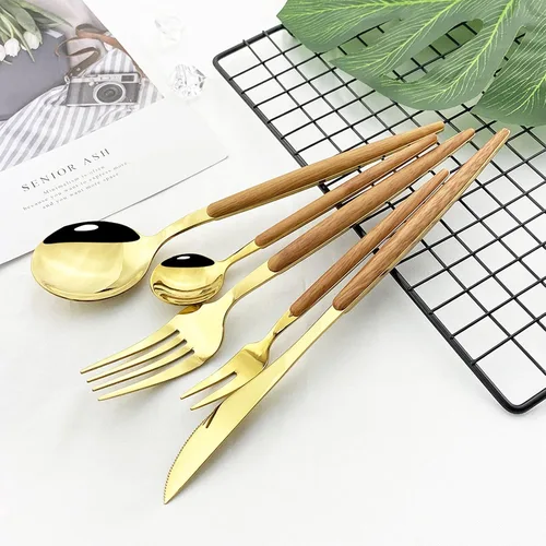 Vista 4 de JASHII Juego de cubiertos de madera de acero inoxidable de 20 piezas, mango de madera, cuchillo tenedor, cuchara, utensilios de cocina para 4