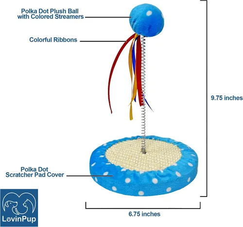 Vista 5 de Pequeño árbol de juguete rascador para gatos con pelota – Juguetes para gatos rascadores de interior con cintas coloridas + base duradera – Juguetes