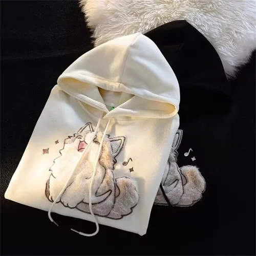 Vista 5 de Sudadera con capucha unisex con patrón de gato 3D para mujer, lindo bordado