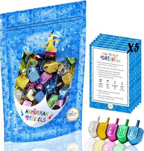Vista 5 de Dreidels de plástico multicolor Hanukkah con transliteración en inglés, incluye instrucciones de juego por The Dreidel Company