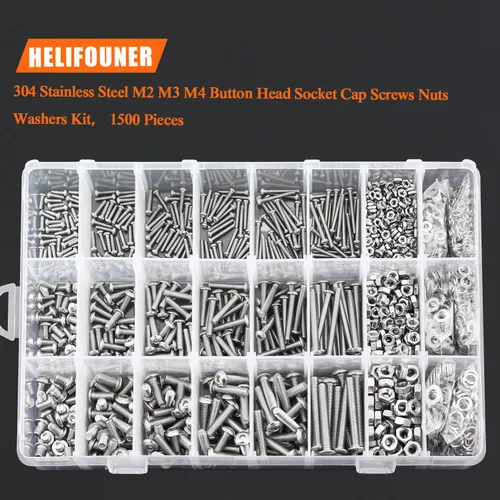 Vista 6 de HELIFOUNER 1500 piezas M2 M3 M4, cabeza de botón de acero inoxidable 304, tornillos métricos, pernos, arandelas, tuercas, kit surtido de accesorios