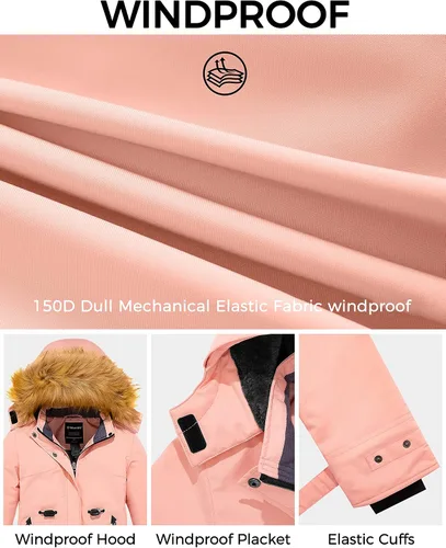 Vista 4 de Wantdo Chaqueta de esquí impermeable para niña, abrigo de invierno cálido con capucha de piel sintética