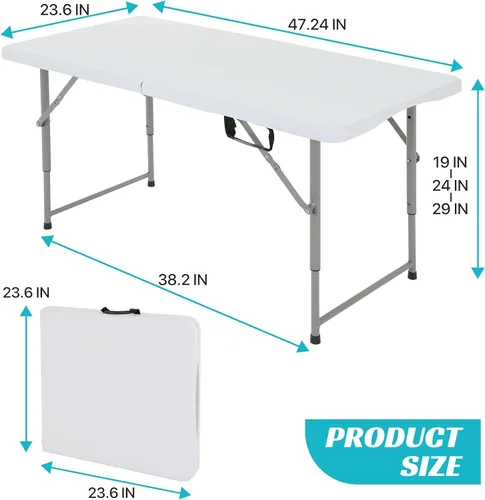 Vista 3 de Mesa plegable de plástico, 4 pies, color blanco, altura ajustable, interior/exterior, comedor de fiesta, utilidad