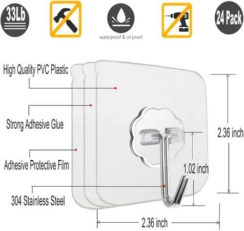 Vista 2 de Jwxstore Paquete de 12 ganchos autoadhesivos resistentes, 33 libras máximo, transparentes, impermeables, ganchos de pared adhesivos para llaves