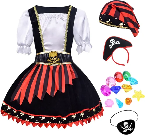 Vista 8 de ZZIHA Disfraz de pirata para niñas vestido de princesa pirata disfraz de bucanero de mar de 3 a 9 años