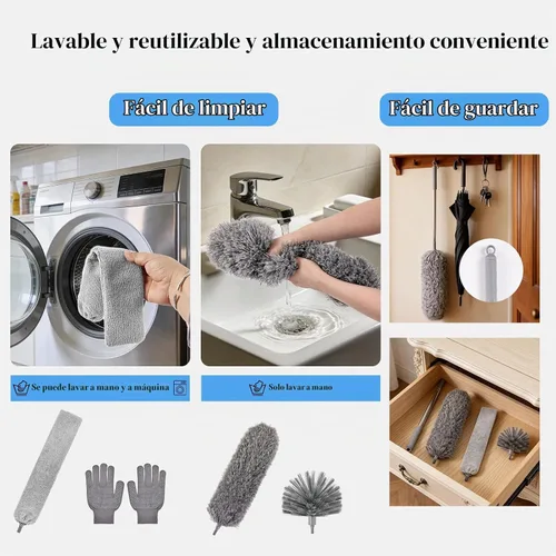 Vista 5 de Plumero de telaraña con poste de extensión, limpiador de plumas de microfibra lavable 5 en 1 kit con 3 cabezales de plumero, plumero largo