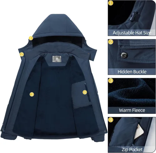 Vista 6 de CAMEL CROWN Chaqueta de esquí para mujer, abrigo de nieve de invierno grueso, forro polar cálido, impermeable, chaqueta femenina con capucha