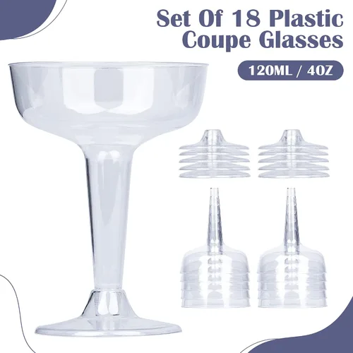 Vista 2 de Juego de 18 vasos de plástico Coupé, copas de champán desechables, copas de cóctel de 4.1 fl oz / 4 onzas, torre de champán transparente a granel