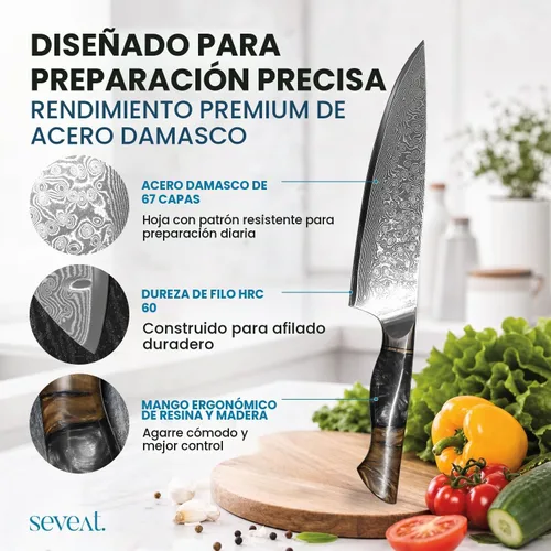Vista 2 de Cuchillo de cocina de Damasco, acero de damasco de 67 capas, juego de cuchillos de chef profesionales de 13 pulgadas para cocina, mango ergonómico
