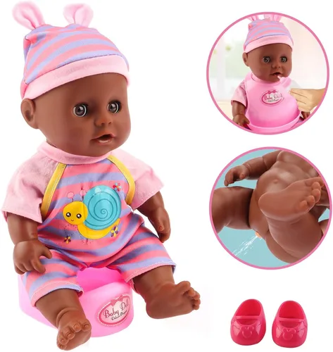 Vista 3 de deAO Conjunto de Muñeca Bebé Negra - Móvil, Silla Alta, Cochecito y Accesorios de Alimentación - Juego de 21 Piezas (Muñeca Incluida) 21 PCS Baby