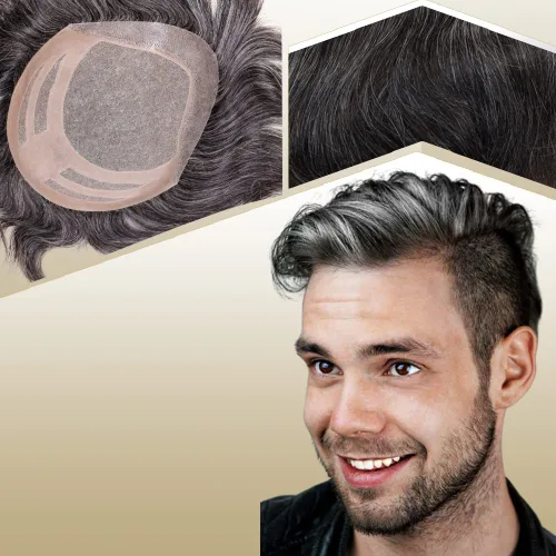 Vista 10 de Sistema de reemplazo de cabello humano para hombre, tupé para hombre, piel fina con parte superior de encaje mono y la parte trasera de poliuretano