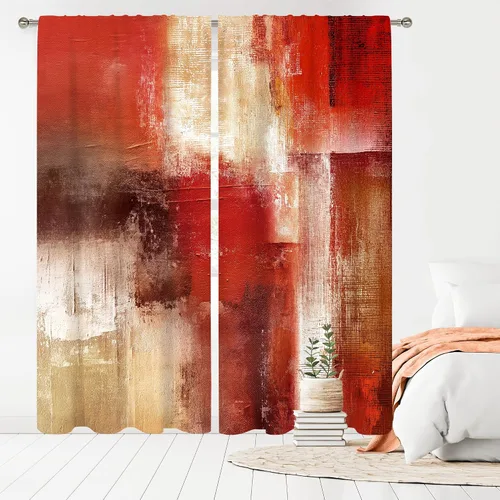 Vista 11 de MESHELLY Cortinas Rojas Abstractas 42Wx63H Pulgadas Bolsillo para Varilla Bloques Rústicos Borgoña Marrón Pintura al Óleo Casa de Campo Dormitorio