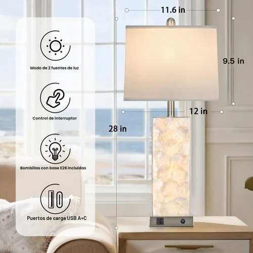 Vista 3 de Lámparas de mesa costeras de 28 pulgadas para sala de estar, lámparas de noche con luz nocturna, puertos USB A+C, moderna concha de mar