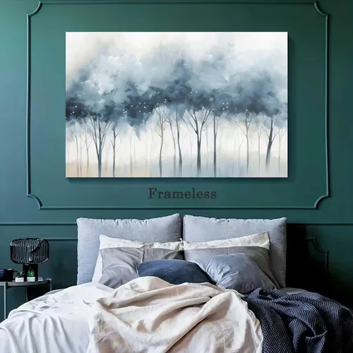 Vista 6 de Lienzo de bosque azul para pared, pintura de árbol, póster azul abstracto azul y gris, imágenes abstractas de bosque azul y gris, pintura azul