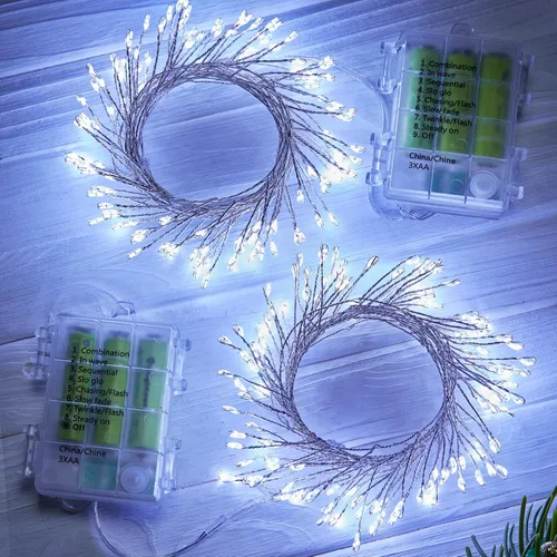 Vista 16 de Luces de hadas que funcionan con pilas, luces de cuerda centelleantes impermeables con cable plateado de 5 pies y 60 LED, luces de fuegos