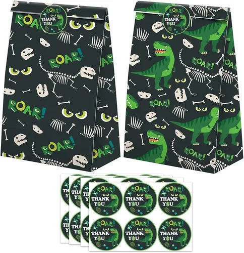 Vista 2 de Bolsas de regalo de dinosaurios: 24 bolsas de caramelos de dinosaurio con calcomanías, bolsas de regalo de dinosaurio, suministros para fiestas