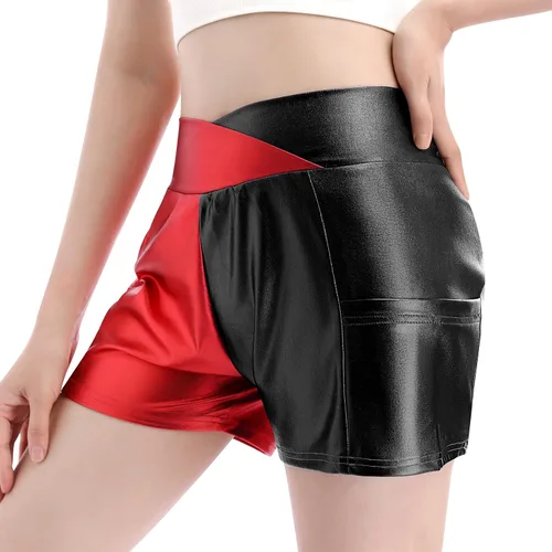 Vista 4 de Pantalones cortos de baile brillantes para mujer con frente en V cintura alta para yoga gimnasio fiesta de rave pantalones cortos con bolsillos