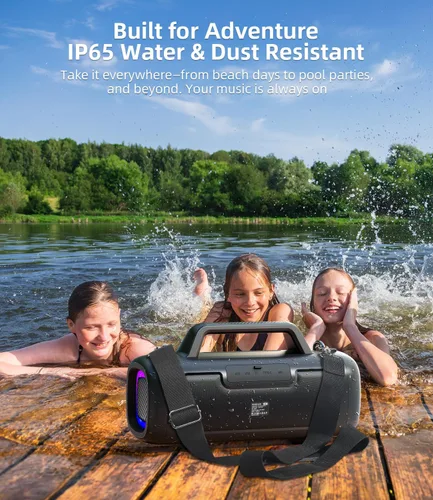 Vista 9 de Altavoz Bluetooth portátil inalámbrico, sonido fuerte de 140 W de pico con 2 subwoofers y refuerzo de graves, altavoz impermeable para exteriores