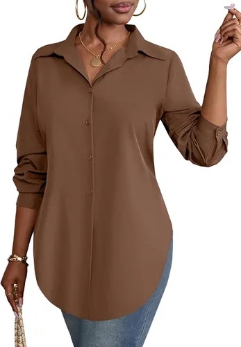 Vista 39 de Rooscier Blusa larga con cuello en V para mujer, manga larga, abertura lateral, con botones