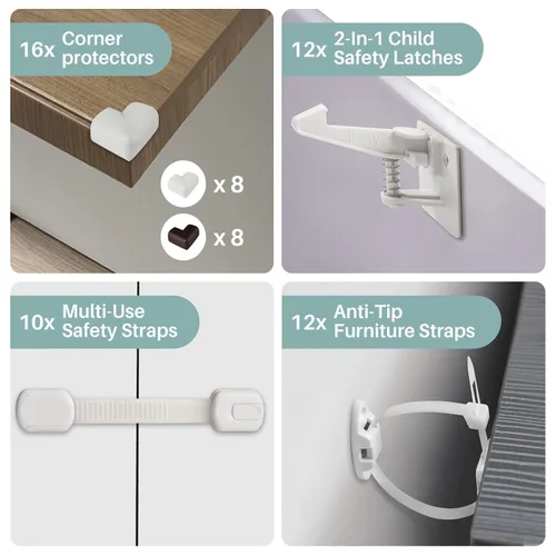 Vista 2 de Inaya Paquete a prueba de bebés – Kit completo de seguridad infantil de 50 piezas con 4 cerraduras de palanca de puerta y 6 cerraduras de gabinete