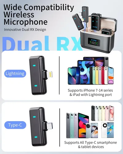 Vista 4 de Micrófono Lavalier inalámbrico para iPhone: micrófono JXJXQU con reducción de ruido inteligente, efecto de reverberación, batería de 30 H+, diseño