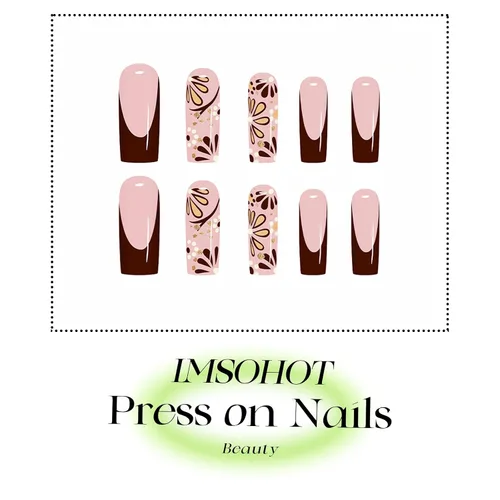 Vista 2 de IMSOHOT Uñas postizas largas cuadradas con diseños de flores, color marrón brillante, nude, uñas postizas de cobertura completa, puntas de uñas