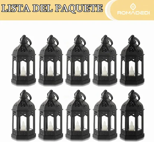 Vista 7 de Romadedi Mini Linternas Decorativas para Centro de Mesa: 10 piezas de linterna pequeña negra colgante a granel con velas LED parpadeantes para Negro
