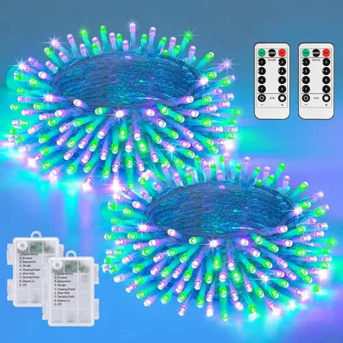 Vista 26 de JMEXSUSS Luces de Navidad multicolor que funcionan con pilas con 8 modos de control remoto, impermeables, 33 pies, 100 luces LED de Navidad
