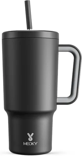 Vista 54 de Meoky - Vaso de 30 oz con asa, tapa y pajilla, taza de viaje térmica de acero inoxidable 100% a prueba de fugas, para portavasos, mantiene el frío