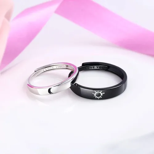 Vista 5 de Beydodo Anillos de plata 925 personalizados ajustables con sol y luna a juego grabados I LOVE YOU Anillos para parejas Anillos de boda