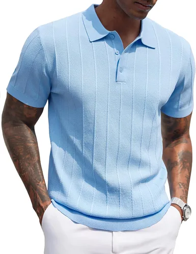Vista 30 de COOFANDY Camisas polo de punto para hombre de manga corta con textura acanalada Camisas de golf casuales y ligeras con cuello Camiseta de polo
