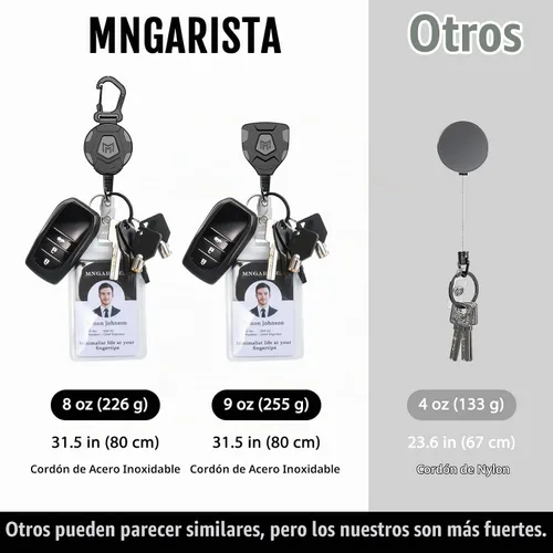 Vista 3 de MNGARISTA Llavero retráctil resistente, versión con clip de cinturón y versión con mosquetón, retracción de 9 oz, cuerda de acero de 80 cm, carrete