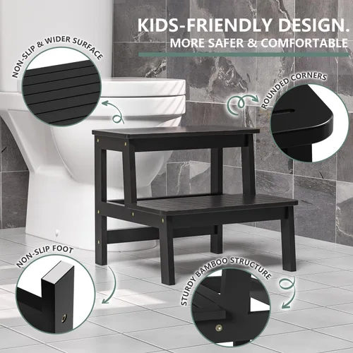 Vista 5 de Domax Taburetes de madera de bambú para niños, taburete para niños pequeños, para lavabo de baño, cama alta, inodoro, cocina, taburete de madera