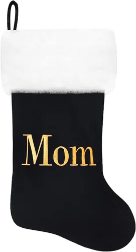 Vista 216 de Calcetines de Navidad bordados de 20 pulgadas con monograma, terciopelo negro con puño de felpa blanca supersuave, adornos clásicos para decoración