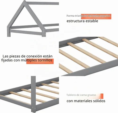 Vista 4 de Merax Cama de casa de madera, cama de piso con listones de madera, no necesita somier, tamaño individual, gris