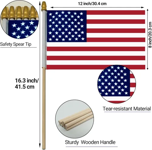 Vista 2 de 410 banderas americanas pequeñas en palo, mini banderas estadounidenses con punta de lanza de seguridad, poste de madera maciza a granel, bandera