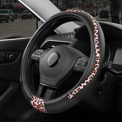Vista 21 de Road Comforts Funda para volante, cubierta de volante de parte inferior plana hecha con piel de PVC y tela de leopardo, ajuste universal