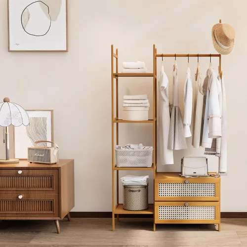 Vista 2 de Perchero de Ropa de Bambú, Perchero con Cajones y Estantes, Estantes de Almacenamiento de 5 Niveles con 6 Ganchos para Colgar, Armario Closet